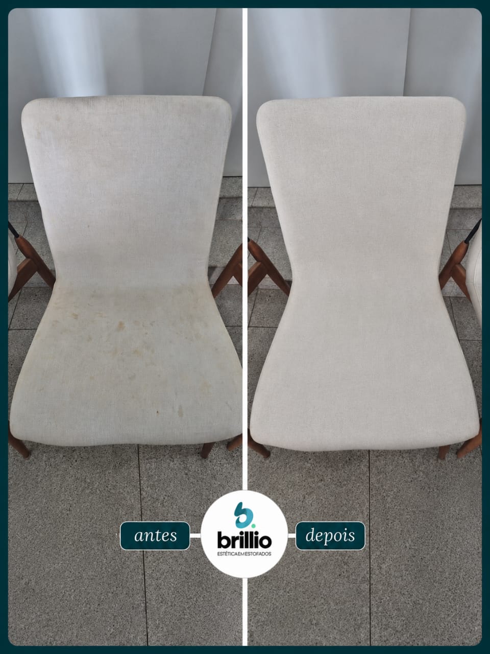 Cadeira estofada antes e depois da limpeza